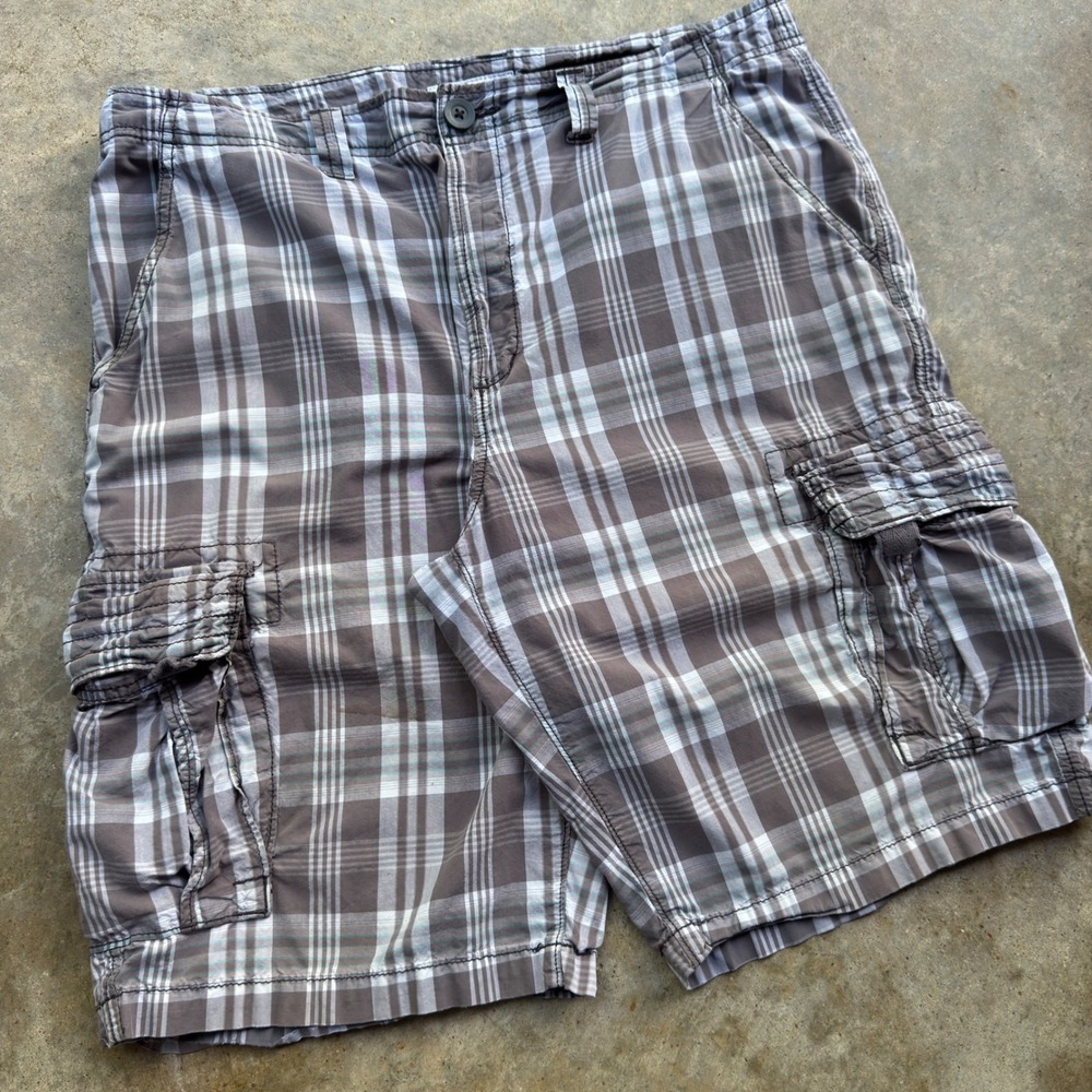 Vintage Y2K Urban Pipeline Plaid Cargo Shorts Baggy Skate Grey Size 36 (h3)